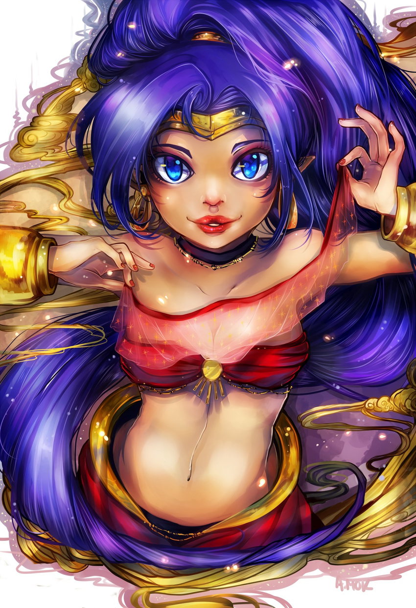 anna_mok arabian_clothes bandeau bare_shoulders blue_eyes bracer breasts choker cleavage dark_skin earrings highres hoop_earrings jewelry lipstick long_hair looking_at_viewer makeup md5_mismatch medium_breasts midriff nail_polish navel pointy_ears ponytail purple_hair scrunchie see-through shantae:_half-genie_hero shantae_(character) shantae_(series) solo tiara very_long_hair