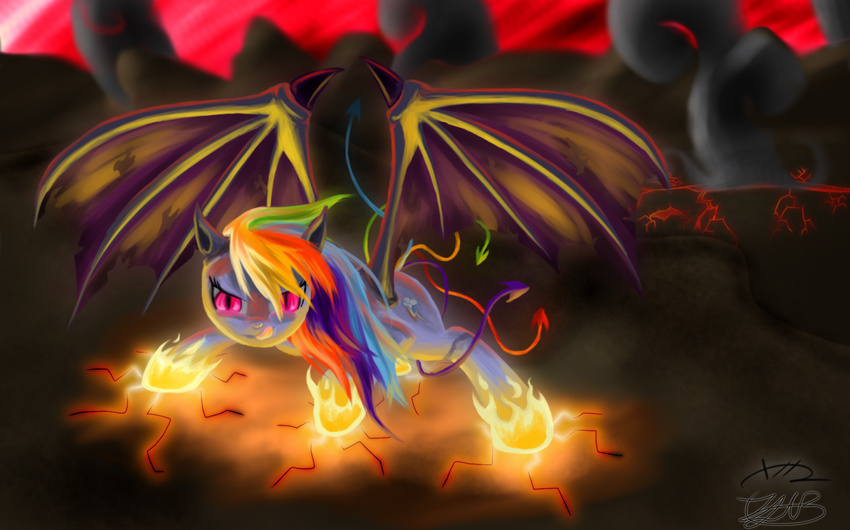 cracks cutie_mark demon dragon_wings equine female feral fire flames friendship_is_magic fur hair horse imjustanotherbrony lava long_hair looking_at_viewer mammal multi-colored_hair my_little_pony pegasus pony purple_eyes rainbow_dash_(mlp) rainbow_hair slit_eyes smile smoke solo tongue tongue_out wings