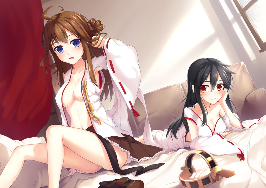 :d bare_legs black_hair blue_eyes blush breasts brown_hair cleavage detached_sleeves hairband_removed hand_on_own_cheek haruna_(kantai_collection) japanese_clothes kantai_collection ke-ta_(style) kongou_(kantai_collection) large_breasts long_hair looking_at_viewer miniskirt multiple_girls navel nontraditional_miko open_clothes open_mouth open_shirt red_eyes ribbon-trimmed_sleeves ribbon_trim shirt sitting skirt smile thighhighs_removed yaguo