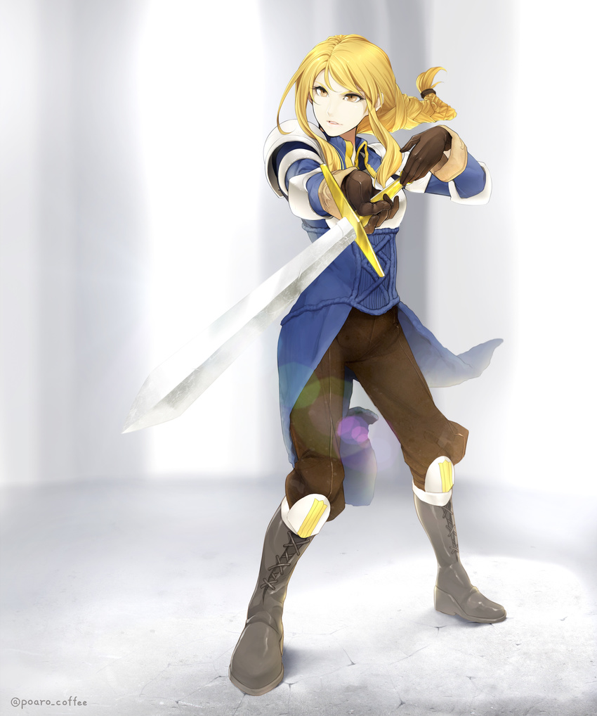 absurdres agrias_oaks armor boots braid elbow_pads fighting_stance final_fantasy final_fantasy_tactics gloves highres holding holding_sword holding_weapon knee_pads leather leather_gloves leather_pants lens_flare lips long_hair pants poaro solo sword weapon yellow_eyes