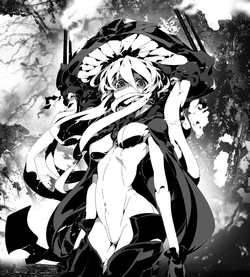 alabaster_(artist) bodysuit gloves greyscale hair_ornament highres kantai_collection long_hair looking_at_viewer monochrome shinkaisei-kan solo wo-class_aircraft_carrier