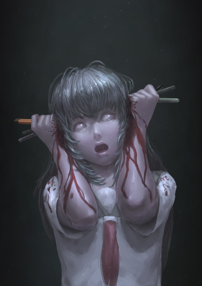 absurdres blood copyright_request dying empty_eyes highres ioio_ontop long_hair open_mouth pencil school_uniform solo suicide
