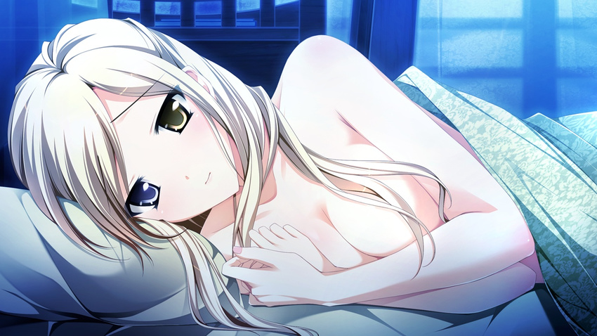 1girl bed breasts game_cg heterochromia kimishima_ao nude otome_ga_tsumugu_koi_no_canvas shishidou_chiharu weapon
