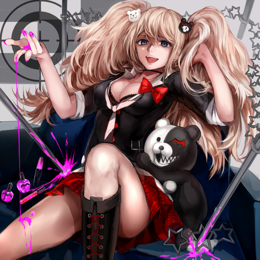 black_footwear blonde_hair blue_eyes boots bra breasts cleavage cross-laced_footwear danganronpa danganronpa_1 enoshima_junko hair_ornament highres knee_boots lace-up_boots long_hair md5_mismatch medium_breasts monokuma nail_polish necktie ribbon skirt sleeves_rolled_up spoilers star tcb twintails underwear