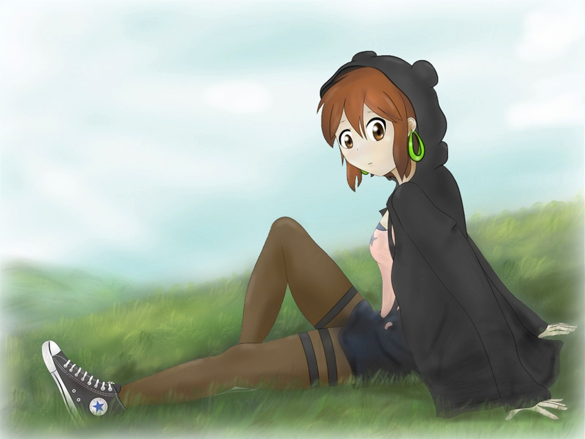 animal_ears brown_eyes brown_hair converse curious dutch_angle earrings endlessgr8 grass highres hirasawa_yui hood hoodie jewelry jpeg_artifacts k-on! k-on!_movie md5_mismatch overall_skirt pants shoes short_hair singing! sitting sneakers solo thigh_strap tight tight_pants