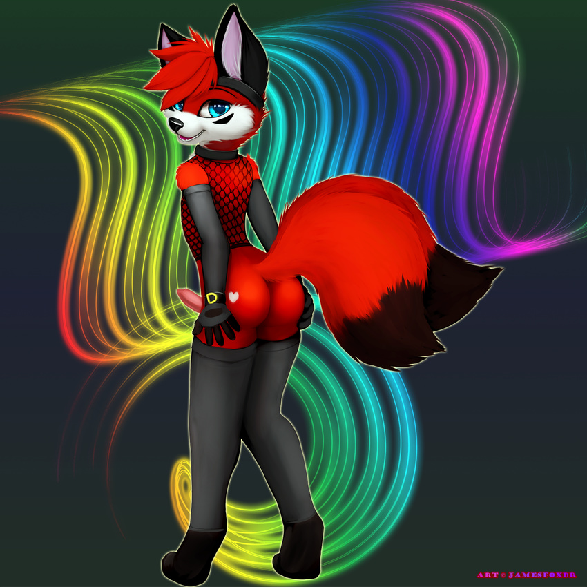 anthro blue_eyes bottomless bottonless butt canine collar colored crossdressing cute erection fishnet fox fur gay girly hair jamesfoxbr jonhs legwear looking_at_viewer looking_back male mammal open_mouth penis plain_background red_fur smile solo standing stockings tongue trap