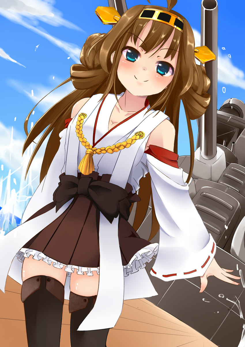 bare_shoulders black_legwear blue_eyes blue_sky blush boots breasts brown_hair cloud day detached_sleeves double_bun hair_ornament hairband headgear highres japanese_clothes kantai_collection kongou_(battleship) kongou_(kantai_collection) long_hair medium_breasts nontraditional_miko object_namesake open_mouth ribbon-trimmed_sleeves ribbon_trim ship skirt sky smile solo thigh_boots thighhighs wakamizu watercraft wide_sleeves