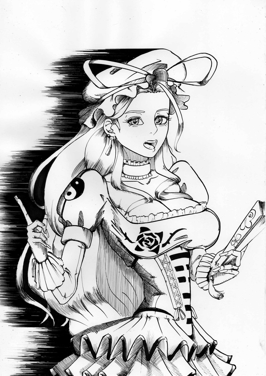 absurdres azibuda breasts choker cleavage corset earrings fan folding_fan frilled_skirt frills greyscale hat hat_ribbon highres jewelry large_breasts long_hair monochrome puffy_sleeves ribbon skirt slender_waist solo touhou very_long_hair yakumo_yukari yin_yang