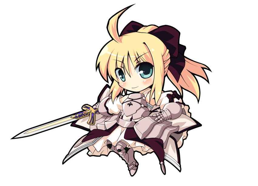 ahoge armor armored_dress artoria_pendragon_(all) bare_shoulders blonde_hair caliburn chibi detached_sleeves fate/stay_night fate/unlimited_codes fate_(series) gauntlets greaves green_eyes hair_ribbon ribbon saber saber_lily smile solo sword take_tonbo updo weapon
