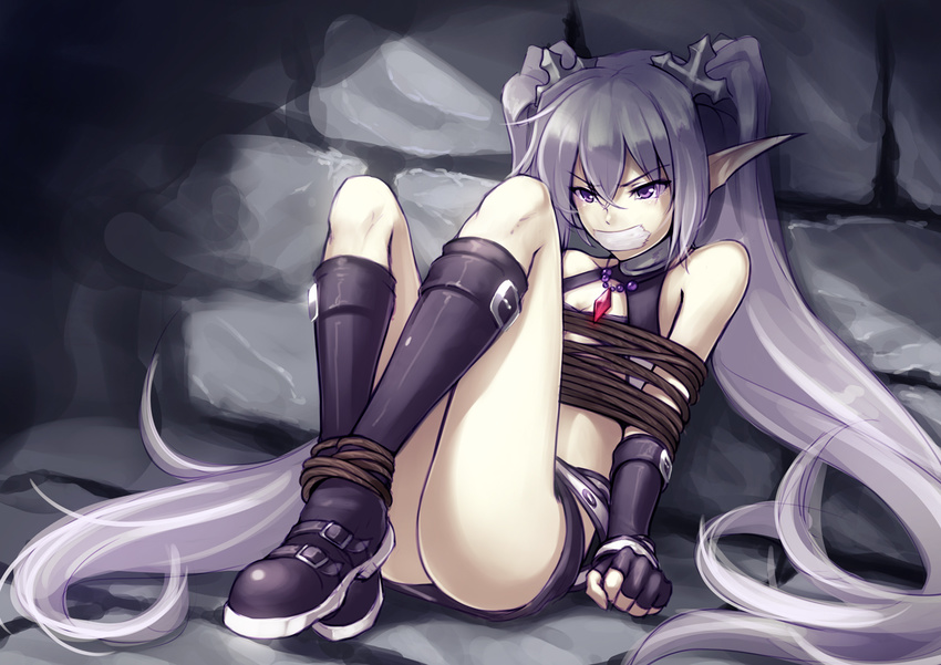 agarest_senki agarest_senki_(series) bdsm blush bondage boots bound bound_ankles bound_arms elf fingerless_gloves flat_chest fyuria_(agarest_senki) gagged gloves hair_ornament long_hair long_pointy_ears pointy_ears purple_eyes ricegnat rope silver_hair sitting solo twintails very_long_hair