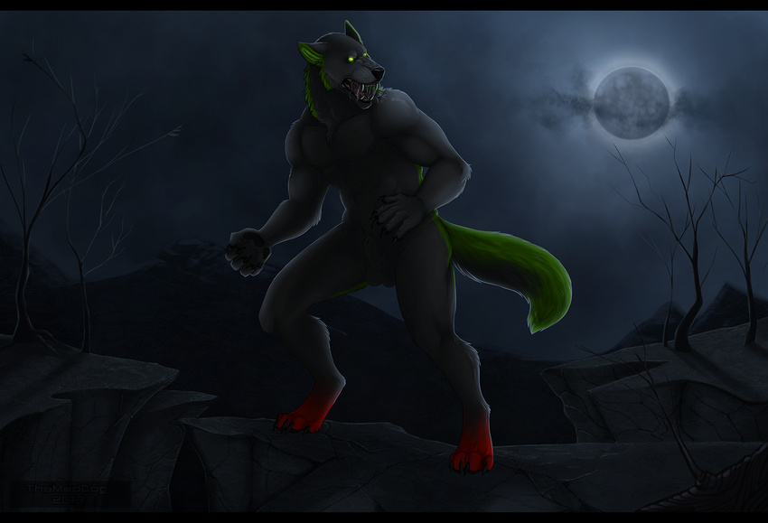 balls biceps black_fur black_nose canine claws fangs full_moon fur glowing glowing_eyes green_eyes green_fur kaosst male mammal moon muscles nude pecs pose sheath solo standing teeth toe_claws were werewolf wolf