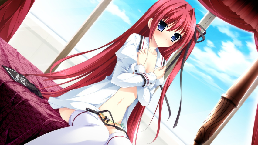 1girl blue_eyes bra covering covering_breasts dressing game_cg highres indoors kimishima_ao lingerie long_hair navel ootori_rena open_clothes open_shirt otome_ga_tsumugu_koi_no_canvas panties red_hair shirt sitting solo thighhighs underwear white_legwear window