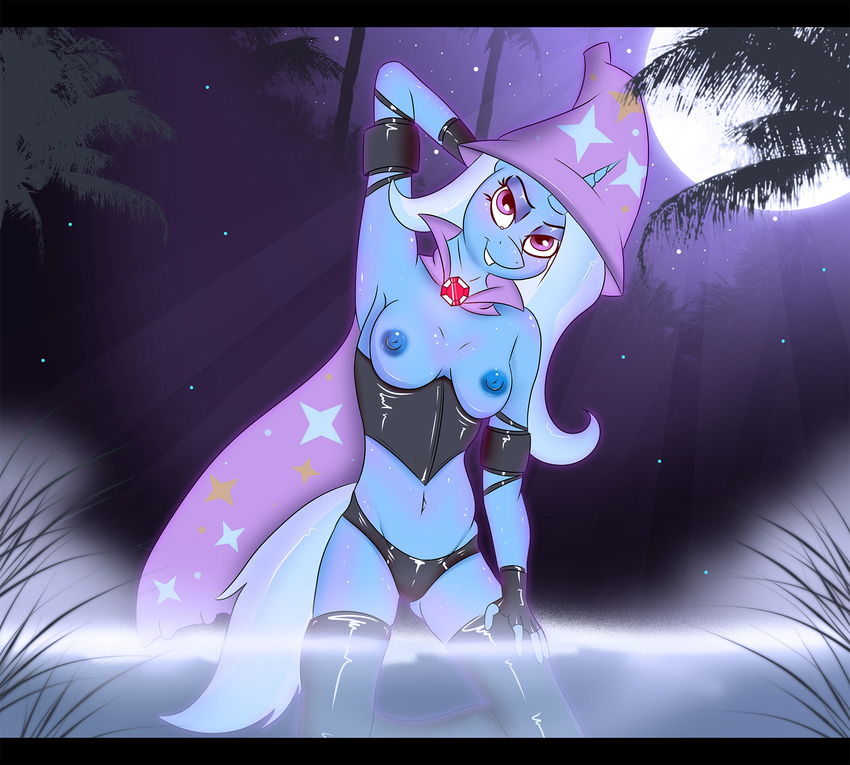 anthrofied equine female friendship_is_magic hair horn horse mammal moon my_little_pony night nipples pony rubber smile solo trixie_(mlp) unicorn water xorza