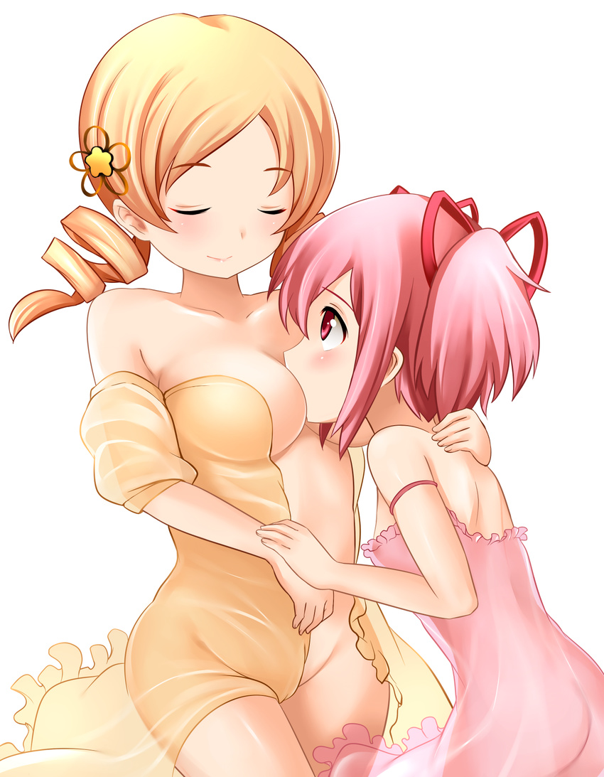 ass bare_shoulders blonde_hair breast_press breasts cleavage closed_eyes drill_hair highres kaname_madoka large_breasts looking_at_another looking_up mahou_shoujo_madoka_magica multiple_girls nightgown open_clothes pink_hair short_hair short_twintails smile tomoe_mami twin_drills twintails yellow_eyes yoshimo yuri