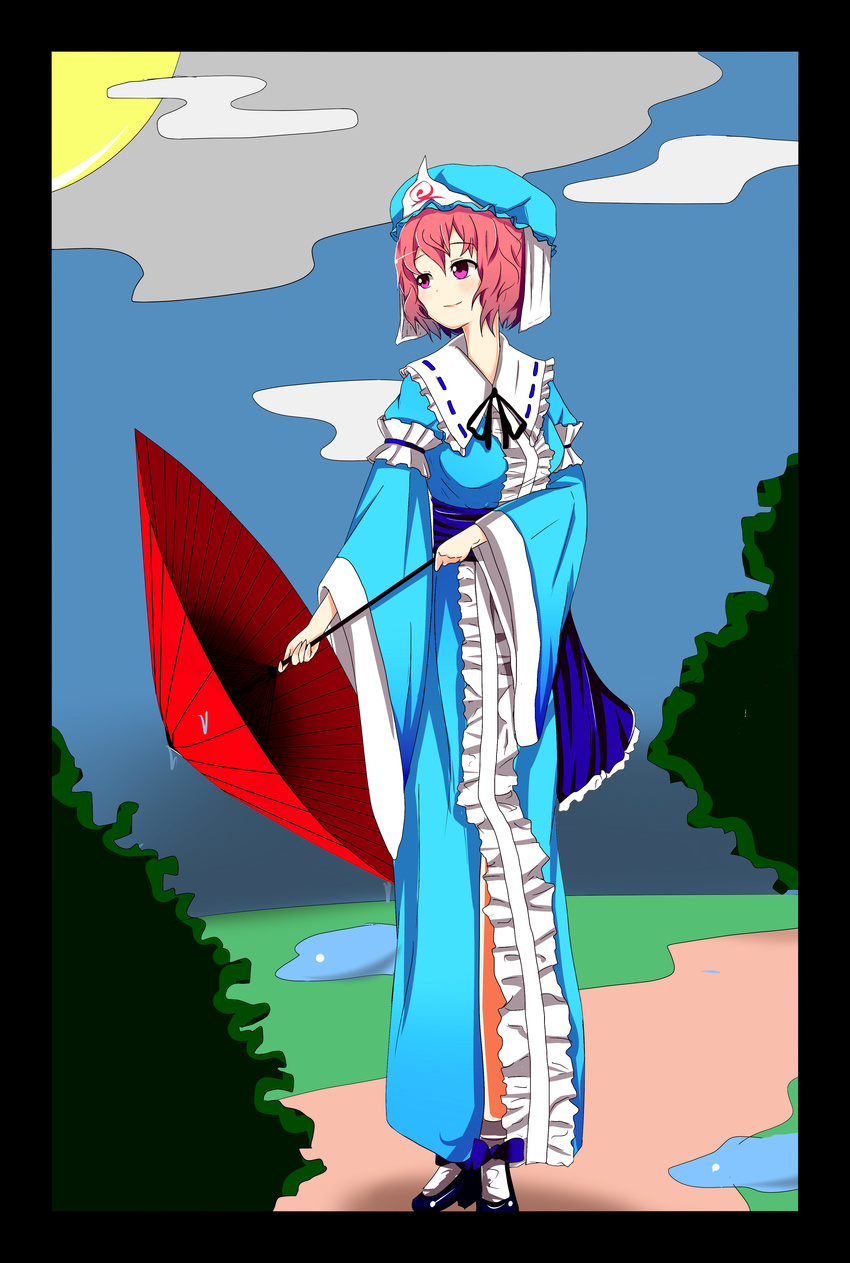 absurdres baba_(baba_seimaijo) highres japanese_clothes kimono moon oriental_umbrella pink_eyes pink_hair saigyouji_yuyuko solo touhou triangular_headpiece umbrella wide_sleeves