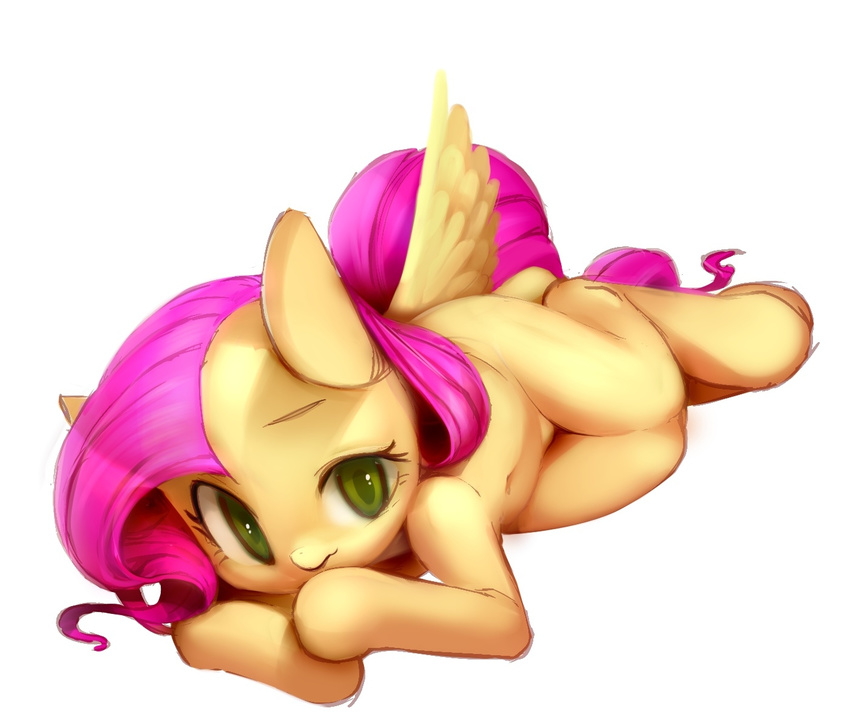 equine female feral fluttershy_(mlp) friendship_is_magic fur green_eyes hair horse iizuna lying mammal my_little_pony on_side pegasus pink_hair plain_background pony solo white_background wings yellow_fur