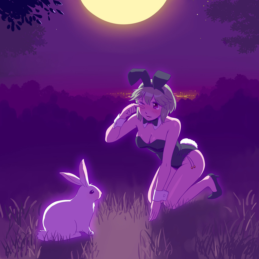 animal_ears backlighting bare_legs bow bowtie bunny bunny_ears bunny_tail bunnysuit detached_collar fukusuke_hachi-gou full_moon green_hair highres kneeling moon night one_eye_closed original outdoors red_eyes short_hair tail tears wiping_tears wrist_cuffs