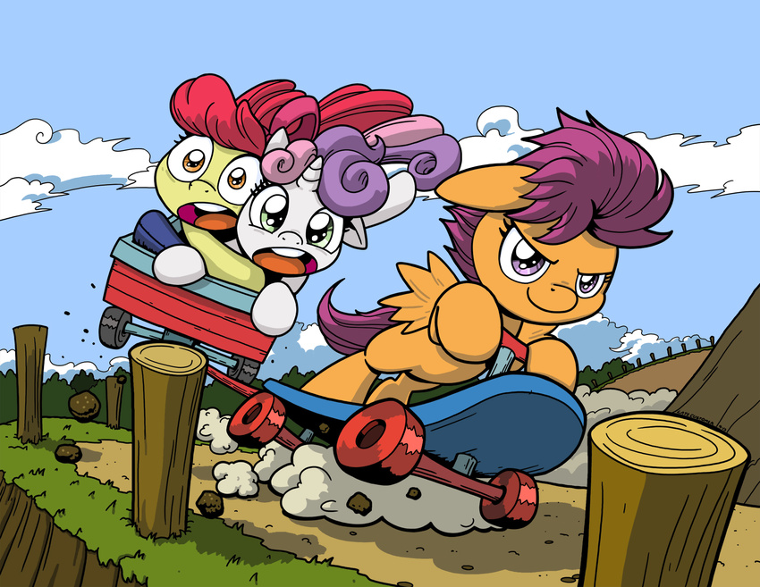 amber_eyes apple_bloom_(mlp) bow cloud cub cutie_mark_crusaders_(mlp) dust equine female feral friendship_is_magic green_eyes group hair holding horn horse hug latecustomer mammal my_little_pony outside path pegasus pink_hair pony purple_eyes purple_hair red_hair rocks scared scootaloo_(mlp) scooter sky smoke sweetie_belle_(mlp) two_tone_hair unicorn wagon wings young