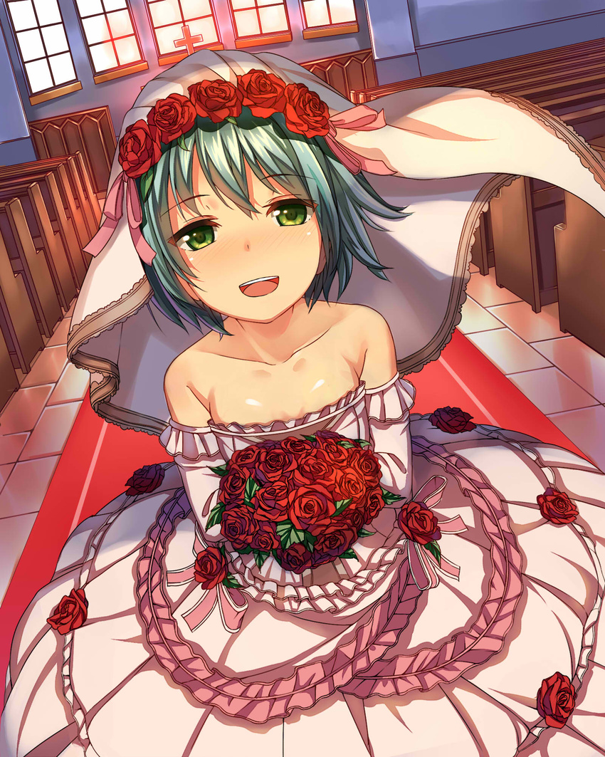 :d bad_id bad_pixiv_id bare_shoulders bouquet cross dress flat_chest flower green_eyes green_hair highres kuroba_ruri open_mouth original peropero_saimin peroperoairu rose short_hair smile solo veil wedding_dress window