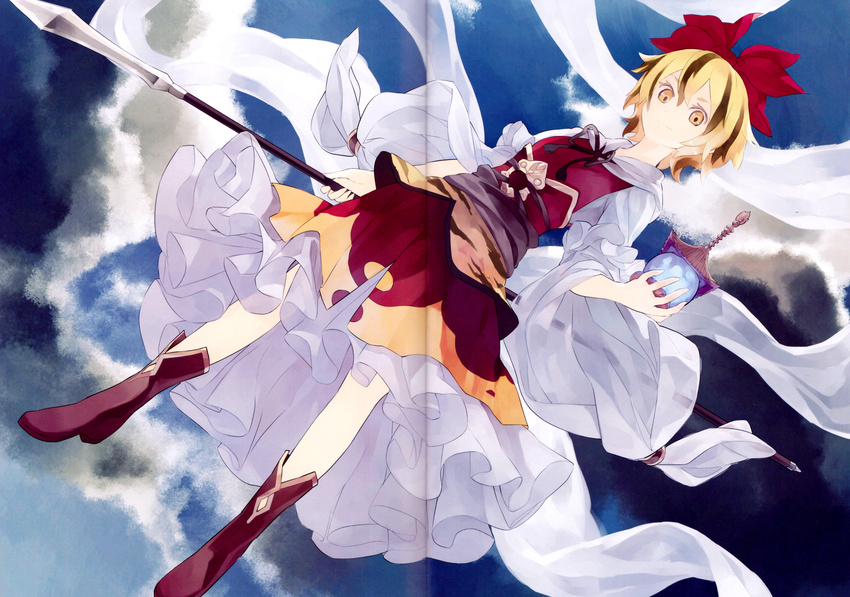 absurdres bishamonten's_pagoda bishamonten's_spear blonde_hair boots bow cloud crease frilled_skirt frills highres long_sleeves looking_at_viewer multicolored_hair polearm scan shihou_(g-o-s) short_hair skirt sky smile solo spear tiger_stripes toramaru_shou touhou two-tone_hair vest weapon wide_sleeves yellow_eyes