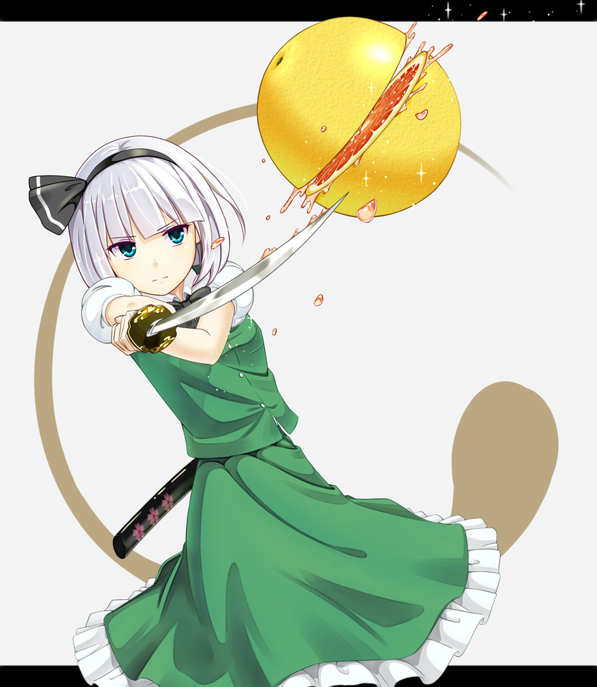 bad_id bad_pixiv_id blue_eyes cherry_blossoms cutting denkitori dutch_angle expressionless grapefruit grey_background hair_ribbon highres juice katana konpaku_youmu konpaku_youmu_(ghost) letterboxed ribbon scabbard sheath short_hair silver_hair simple_background skirt skirt_set solo sparkle sword touhou unsheathed weapon