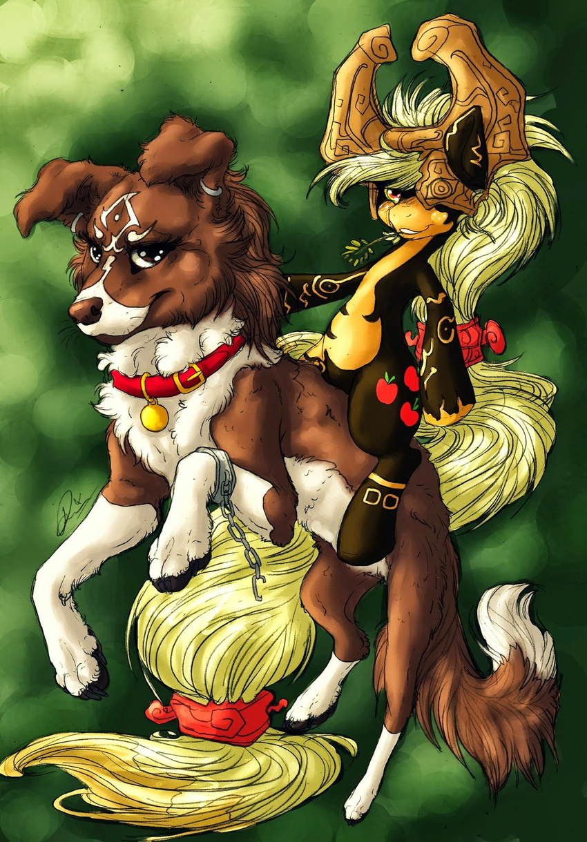 blonde_hair canine chain collar crossover cutie_mark dimwitdog dog duo equine female feral freckles friendship_is_magic fur hair hat horse link long_hair mammal midna my_little_pony nintendo open_mouth orange_skin pony smile the_legend_of_zelda twilight_princess video_games winona_(mlp)