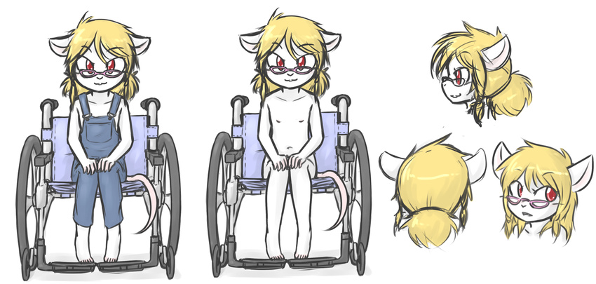 blonde_hair cub eyewear female glasses hair mammal meek mouse overalls red_eyes rodent wheelchair young
