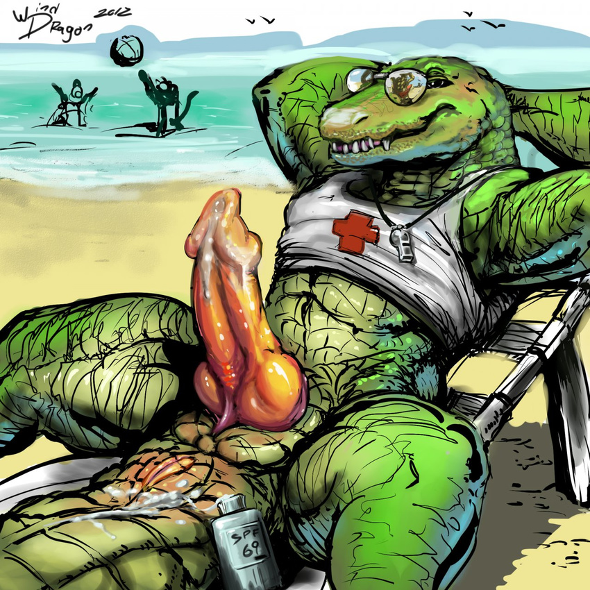 abs anthro anus arms_behind_head beach biceps big_muscles big_penis bottomless clothing crocodile cum cum_string erection eyewear fangs flexing genital_slit glasses green_skin grin knot league_of_legends leaking lifeguard lotion male muscles pecs penis pose precum presenting reclining relaxing renekton reptile sand scales scalie sea seaside sheath shirt shirt_lift sitting slit smile solo sunglasses tank_top teeth water whistle winddragon