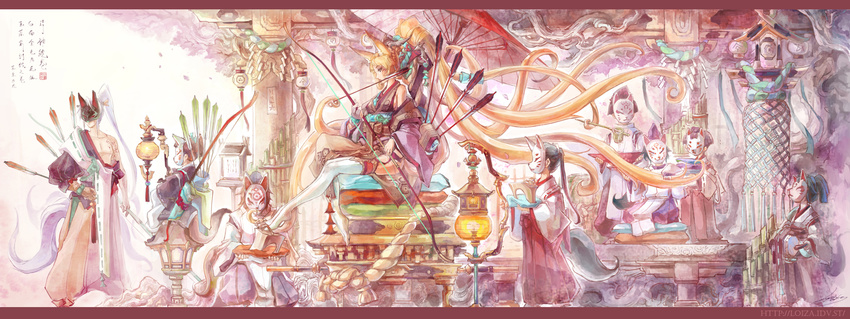 animal_ears bow_(weapon) foxgirl japanese_clothes loiza mask miko multiple_tails original stockings umbrella weapon