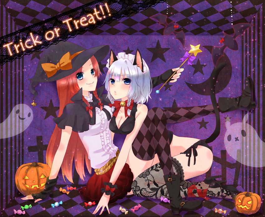 :x animal_ears bat belt black_legwear blue_eyes boots braid breasts candy cat_ears cat_tail chitose_(usacan) cross crossed_legs fingerless_gloves fishnet_legwear fishnets floor food ghost gloves halloween hat hong_meiling izayoi_sakuya lingerie long_hair maid_headdress medium_breasts moon multiple_girls pumpkin purple_background red_hair red_ribbon ribbon short_hair silver_hair sitting skirt smile star tail thighhighs touhou twin_braids underwear witch_hat