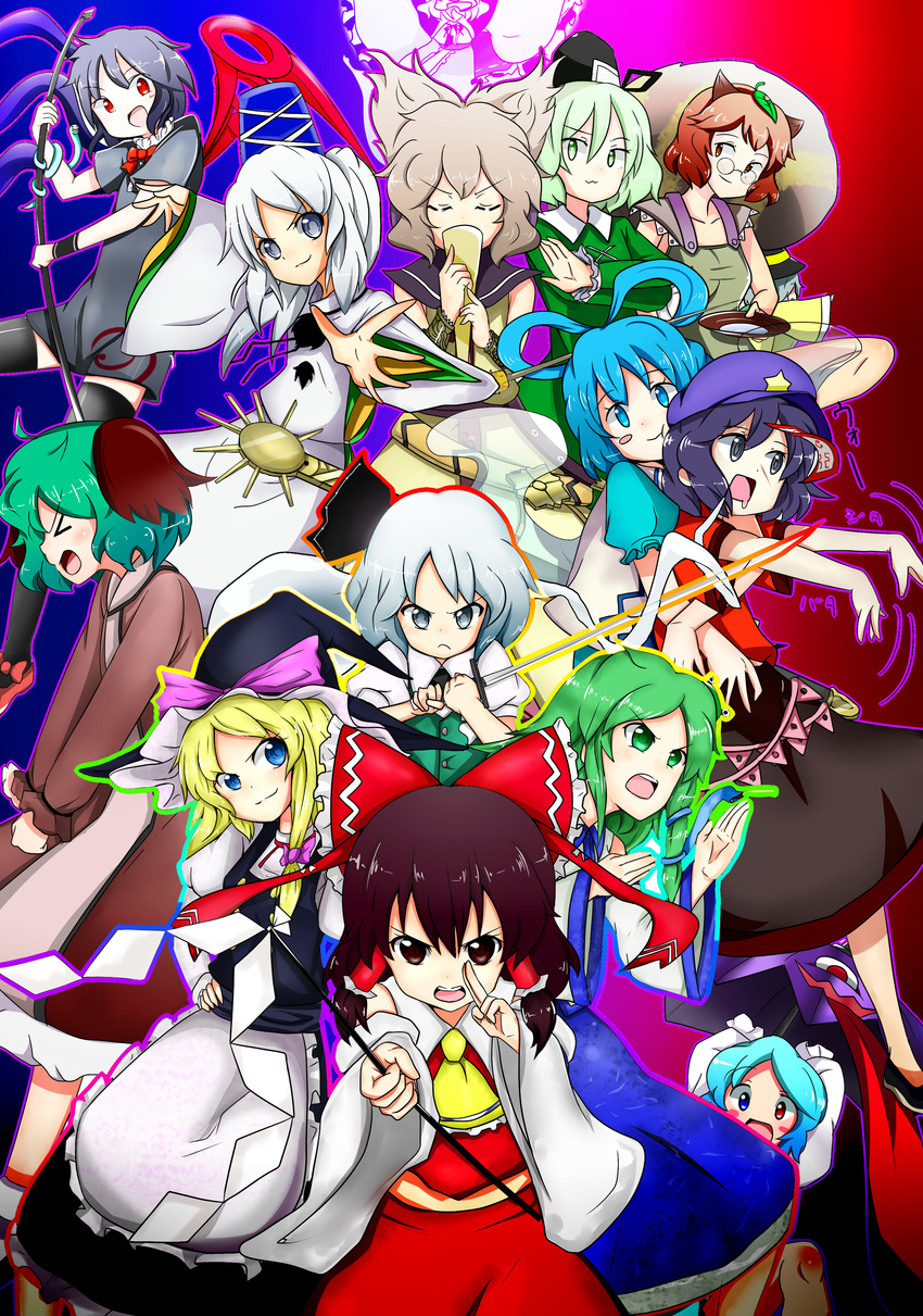 absurdres animal_ears asymmetrical_clothes baba_(baba_seimaijo) black_hair black_legwear blonde_hair blue_eyes blue_hair brown_eyes brown_hair dog_ears frog_hair_ornament futatsuiwa_mamizou glasses green_eyes green_hair grey_eyes hair_ornament hair_ribbon hair_stick hair_tubes hakurei_reimu hat hat_ribbon heterochromia highres houjuu_nue japanese_clothes kaku_seiga kasodani_kyouko kirisame_marisa kochiya_sanae konpaku_youmu leaf leaf_on_head miyako_yoshika mononobe_no_futo multiple_girls polearm ponytail raccoon_ears raccoon_tail red_eyes ribbon rod_of_remorse saigyouji_yuyuko silver_hair soga_no_tojiko tail tatara_kogasa tate_eboshi ten_desires thighhighs touhou toyosatomimi_no_miko weapon white_hair wide_sleeves witch_hat