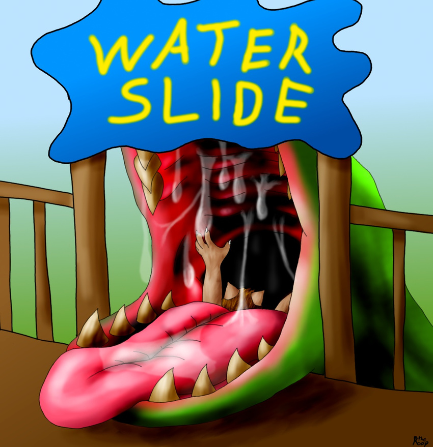 english_text fangs hair open_mouth saliva sharp_teeth slide swallowing teeth text the_roop throat tongue tongue_out unknown_species vorarephilia vore water_slide