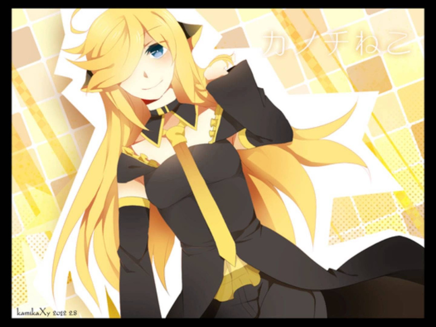 1girl animal_ears black blonde_hair blue blue_eye blue_eyes blush cat_ears clothed eye eyes female hair happy long_hair neko_kanochi one_eye_covered smile solo utau utauloid very_long_hair vocaloid yellow