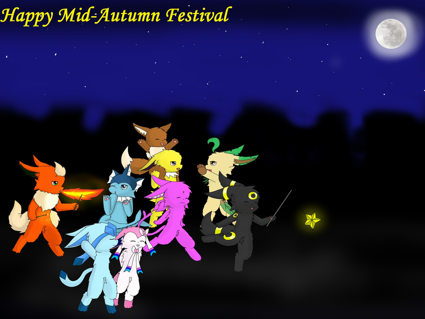 ambiguous_gender autumn celebration dancing eevee eeveelution espeon fire_breathing flareon friends frills glaceon glowing group hair_bow happy headband hi_res jolteon leafeon mid-autumn moon night night_sky nintendo outside pagan pok&#233;mon pok&eacute;mon senz star stick sylveon umbreon vaporeon video_games