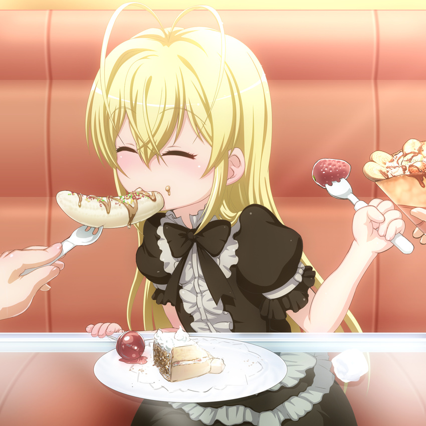 banana blonde_hair cake candy closed_eyes crepe dessert dress febrie feeding food fork fruit highres lollipop long_hair strawberry takeda_yukimura to_aru_kagaku_no_railgun to_aru_majutsu_no_index