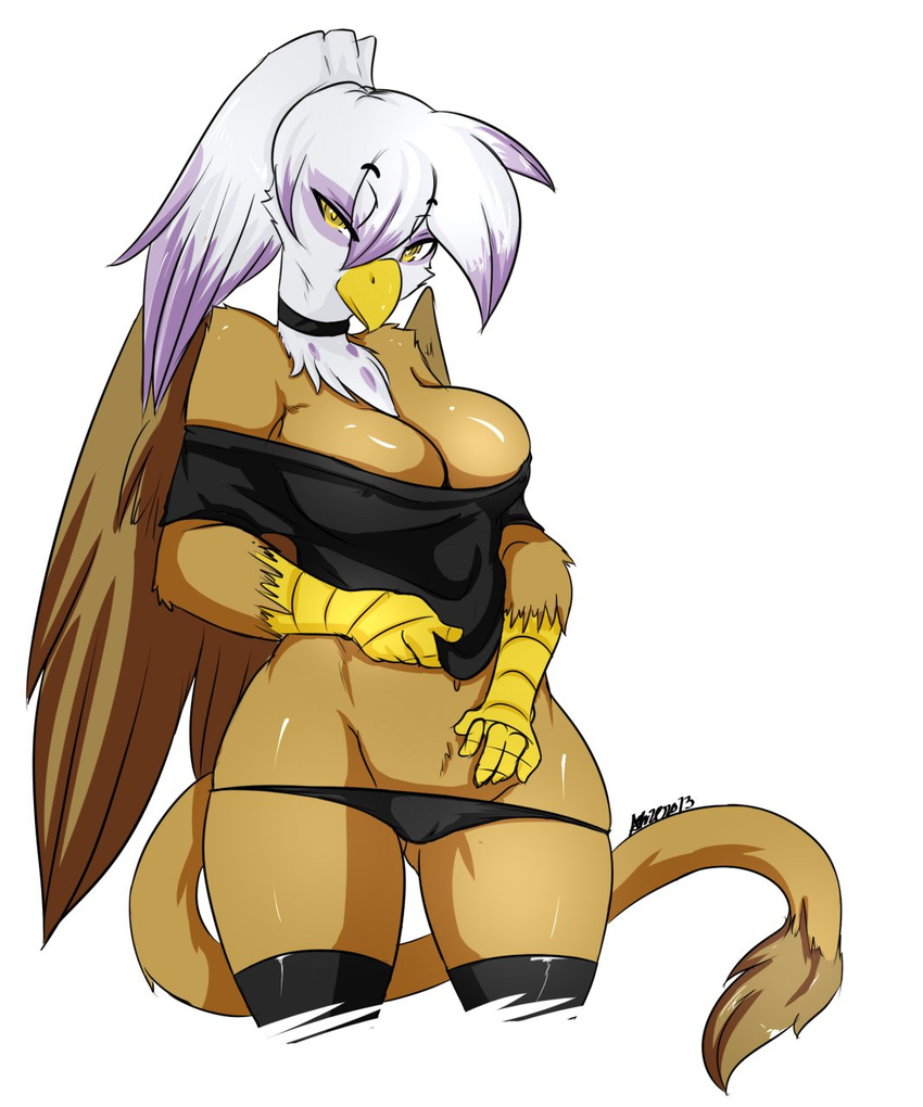 anthro anthrofied avante92 avian beak big_breasts breasts brown_fur chest_tuft cleavage clothed clothing collar female friendship_is_magic fur gilda_(mlp) gryphon hair legwear looking_at_viewer my_little_pony navel panties plain_background ponytail pose seductive shirt skimpy solo standing stockings topless tuft underwear undressing voluptuous white_background white_feathers wide_hips wings yellow_beak yellow_eyes