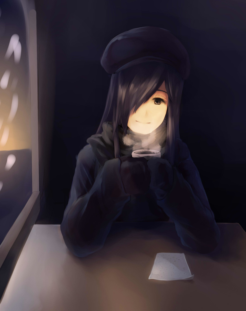 absurdres aerlai brown_eyes cabbie_hat casual cup hair_over_one_eye hat highres ikezawa_hanako katawa_shoujo long_hair long_sleeves looking_at_viewer mittens mug pov_across_table purple_hair scar scarf smile solo winter_clothes