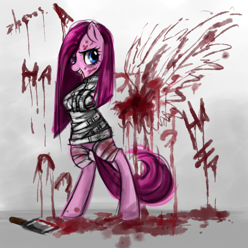 blood blood_splatter blue_eyes cleaver english_text equine female feral friendship_is_magic fur hair horse knife long_hair mammal my_little_pony open_mouth pink_fur pink_hair pinkamena_(mlp) pinkie_pie_(mlp) pony smile solo standing straight_jacket straitjacket teeth text tongue tongue_out wall weapon wings zhens