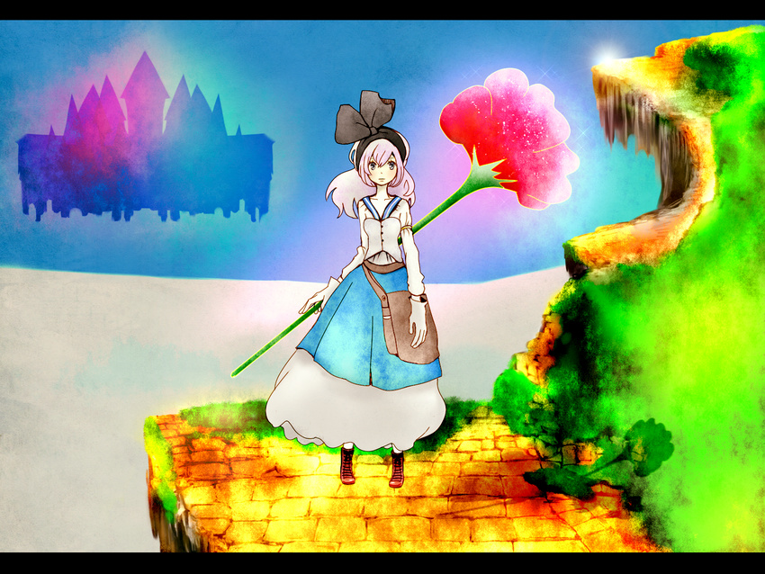 1girl bag blue_eyes boots child dress floating_castle flower gloves hairband long_hair looking_at_viewer mari_(marixrian) silver_hair solo standing tagme white_gloves