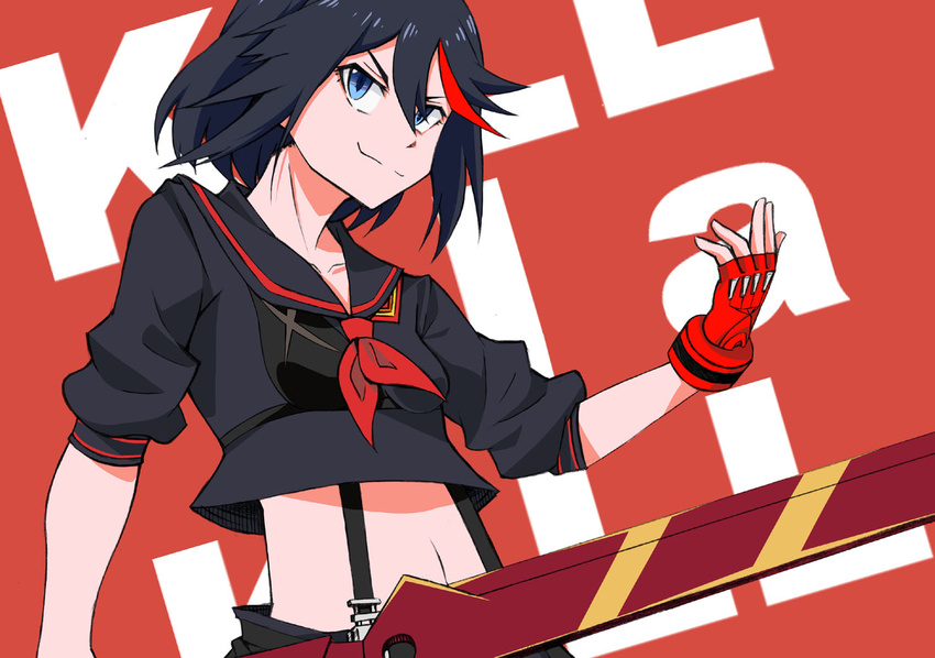 bad_id bad_pixiv_id blue_eyes gloves kill_la_kill mao_(nekorenge) matoi_ryuuko multicolored_hair school_uniform scissor_blade senketsu smile solo streaked_hair suspenders sword weapon