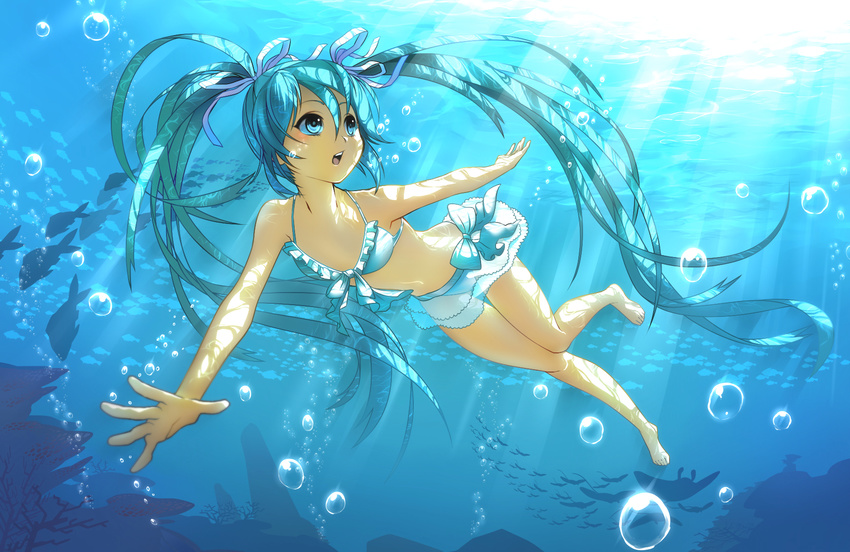 air_bubble aqua aqua_eyes aqua_hair aqua_ribbon aqua_swimsuit barefoot bikini blush bubble coral diving fish freediving hair_ribbon hatsune_miku highres holding_breath light_rays long_hair manta_ray non-web_source ocean open_mouth ribbon rkp rock sarong solo sunbeam sunlight swimming swimsuit translucent_sarong twintails underwater very_long_hair vocaloid water white_sarong