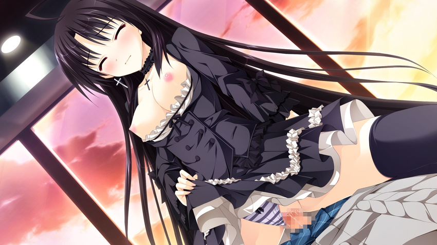 1girl black_hair breasts censored eyes_closed game_cg karasuma_shizuku kimishima_ao long_hair nipples otome_ga_tsumugu_koi_no_canvas panties penis red_eyes skirt skirt_lift striped striped_panties thighhighs underwear upskirt