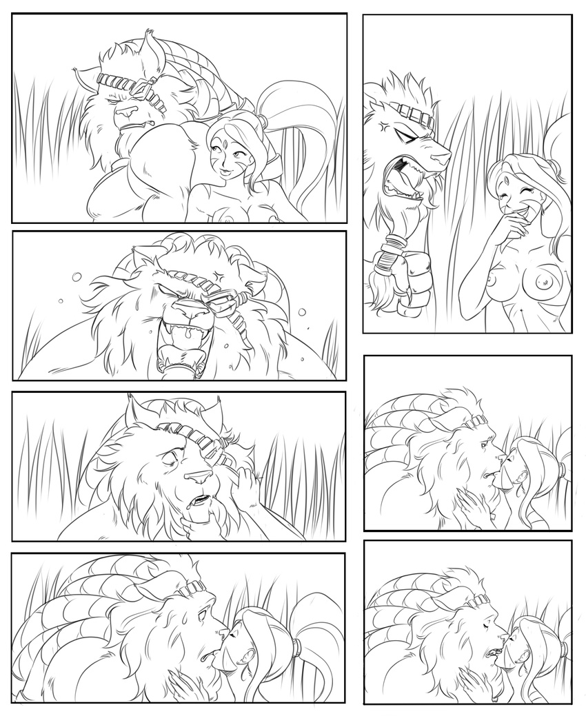 black_and_white breasts comic eye_patch eyewear fangs feline female grillo human interspecies kissing laugh league_of_legends lion love male mammal mane monochrome necklace nervous nidalee nipples rengar roaring straight surprise