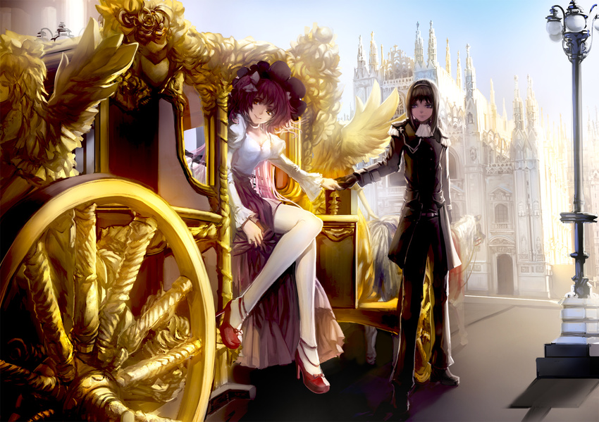 akemi_homura alternate_costume black_hair blackrabbitsoul carriage church epaulettes gloves holding_hands horse kaname_madoka long_hair mahou_shoujo_madoka_magica multiple_girls pantyhose purple_hair victorian white_legwear