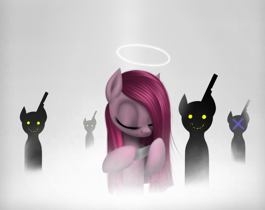 creepy equine eyelashes eyes_closed female feral friendship_is_magic fur group hair halo horse knife long_hair looking_at_viewer mammal my_little_pony pink_fur pink_hair pinkamena_(mlp) pinkie_pie_(mlp) plain_background pony smile straight_hair sy-vs wagon weapon x yellow_eyes