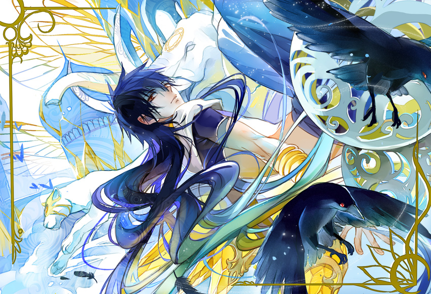 alternate_hairstyle aqua_hair architecture bird black_hair blue_hair border brown_eyes crop_top crow east_asian_architecture elephant feathers floating hair_down harem_pants jewelry judal long_hair looking_back magi_the_labyrinth_of_magic male_focus midriff multicolored_hair niaoniaoyoo panther pants tusks very_long_hair wrist_cuffs