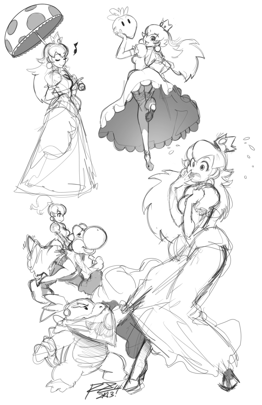 alternate_hairstyle bowser_jr. closed_eyes collage crown earrings face_mask flying_sweatdrops garter_straps greyscale highres jewelry long_hair long_skirt mario_(series) mask monochrome musical_note ponytail princess_peach puffy_short_sleeves puffy_sleeves riding robert_porter short_sleeves sketch skipping skirt smile super_mario_bros. thighhighs turnip umbrella yoshi