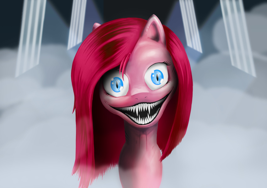 blue_eyes creepy equine fangs female feral friendship_is_magic fur hair hi_res horse long_hair looking_at_viewer mammal my_little_pony nightmare_fuel open_mouth pink_fur pink_hair pinkamena_(mlp) pinkie_pie_(mlp) pony sharp_teeth shorti1996 slit_eyes smile solo soul_devouring_eyes straight_hair teeth