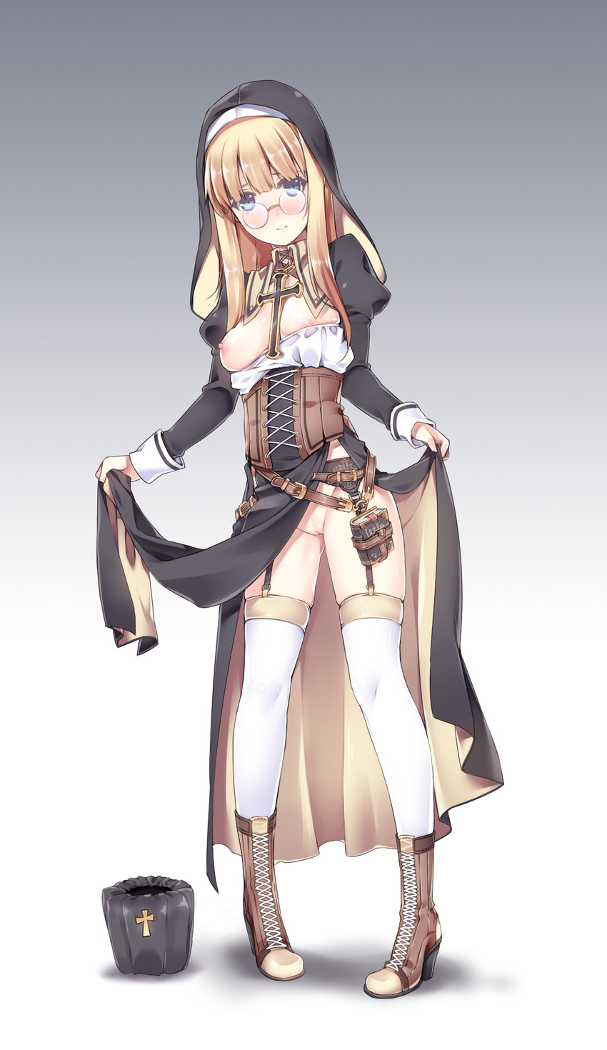 bad_id bad_pixiv_id blonde_hair blue_eyes blush book boots breasts cross cross-laced_footwear garter_belt glasses gradient gradient_background habit highres kuro_(kuronell) lace-up_boots legs long_hair looking_at_viewer medium_breasts nipples no_bra no_panties nun original pigeon-toed pussy simple_background solo thighhighs uncensored white_legwear