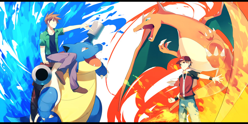 achiki baseball_cap blastoise brown_hair cannon charizard fire gen_1_pokemon grin hat highres jacket jewelry multiple_boys necklace ookido_green pointing pokemon pokemon:_the_origin pokemon_(creature) pose red_(pokemon) sitting smile water